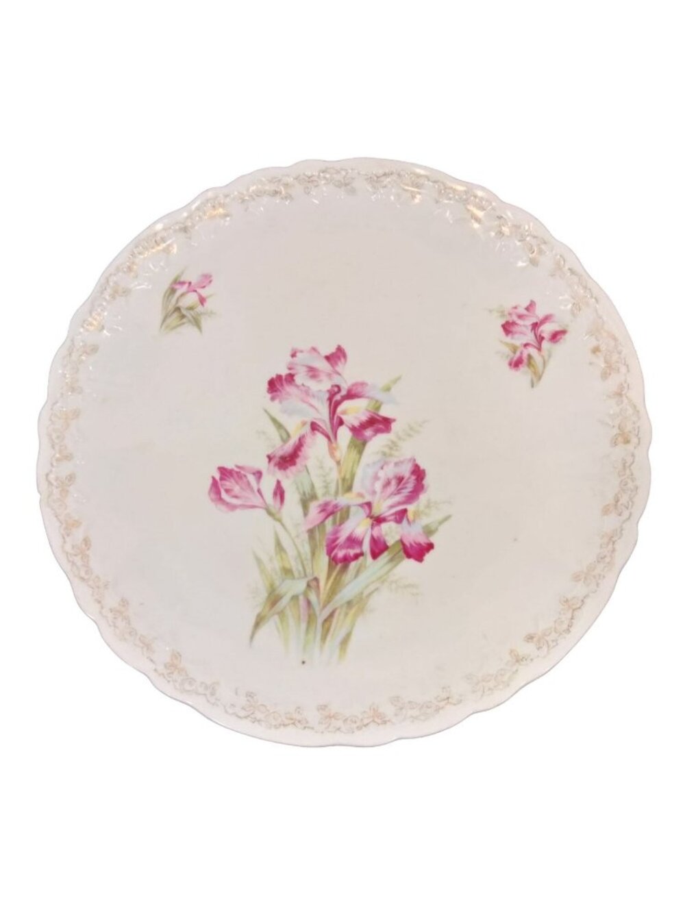 Antique Weimar Floral Porcelain Plate Germany Pink Irises Gold Scalloped 12 Inc